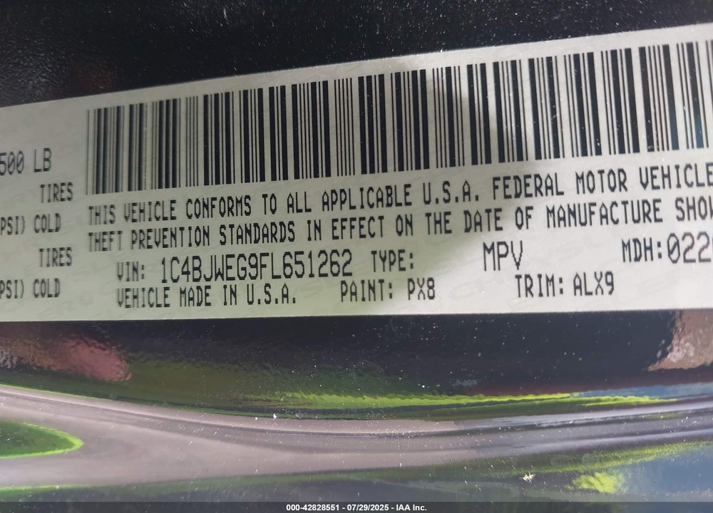 2015 JEEP WRANGLER UNLIMITED VIN: 1C4BJWEG9FL651262