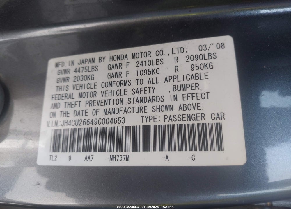 2009 ACURA TSX VIN: JH4CU26649C004653