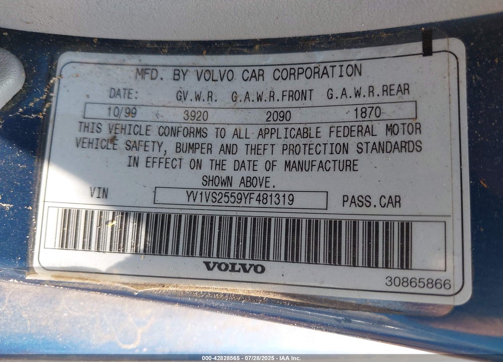 2000 VOLVO S40 A/AS VIN: YV1VS2559YF481319