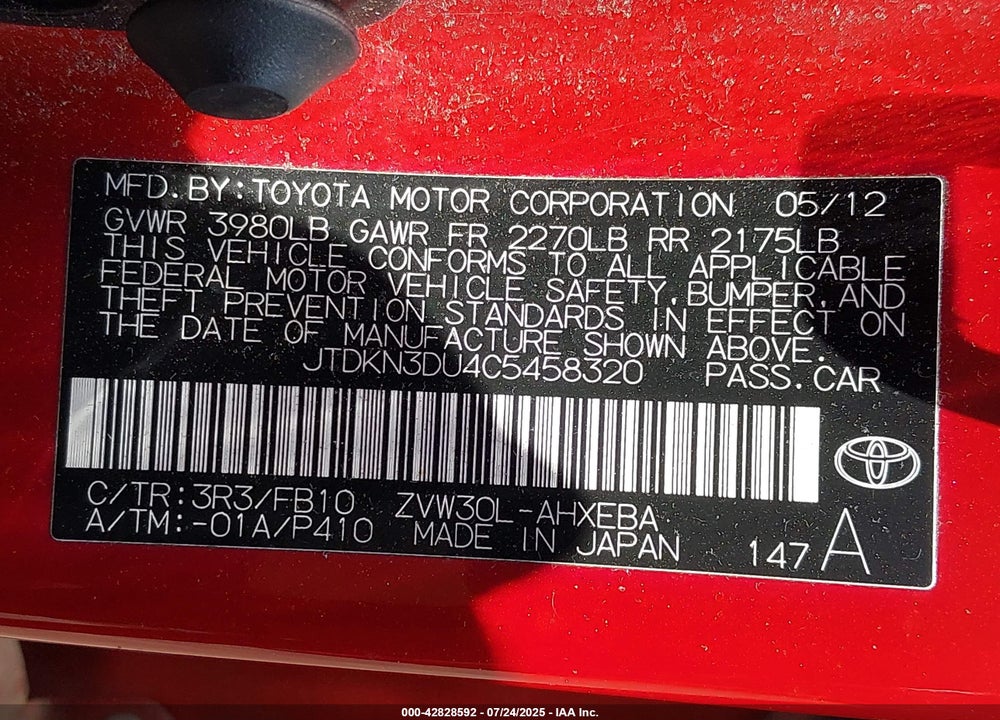 2012 TOYOTA PRIUS VIN: JTDKN3DU4C5458320