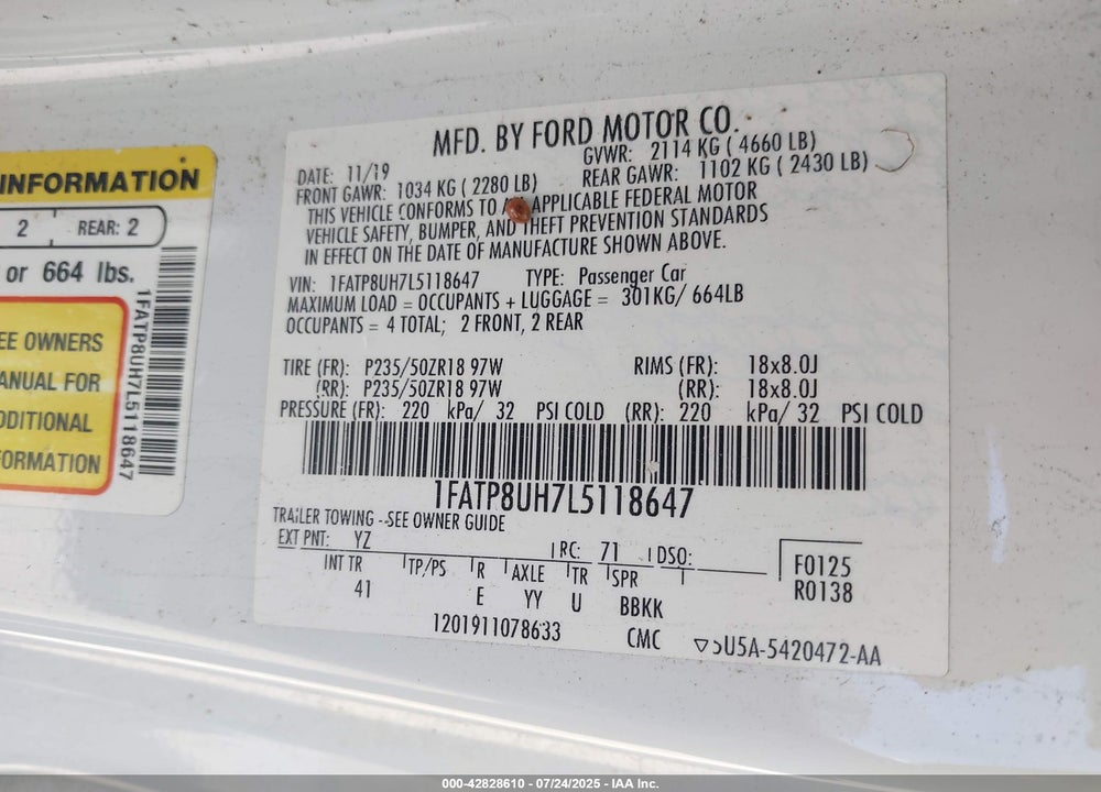 2020 FORD MUSTANG ECOBOOST PREMIUM VIN: 1FATP8UH7L5118647