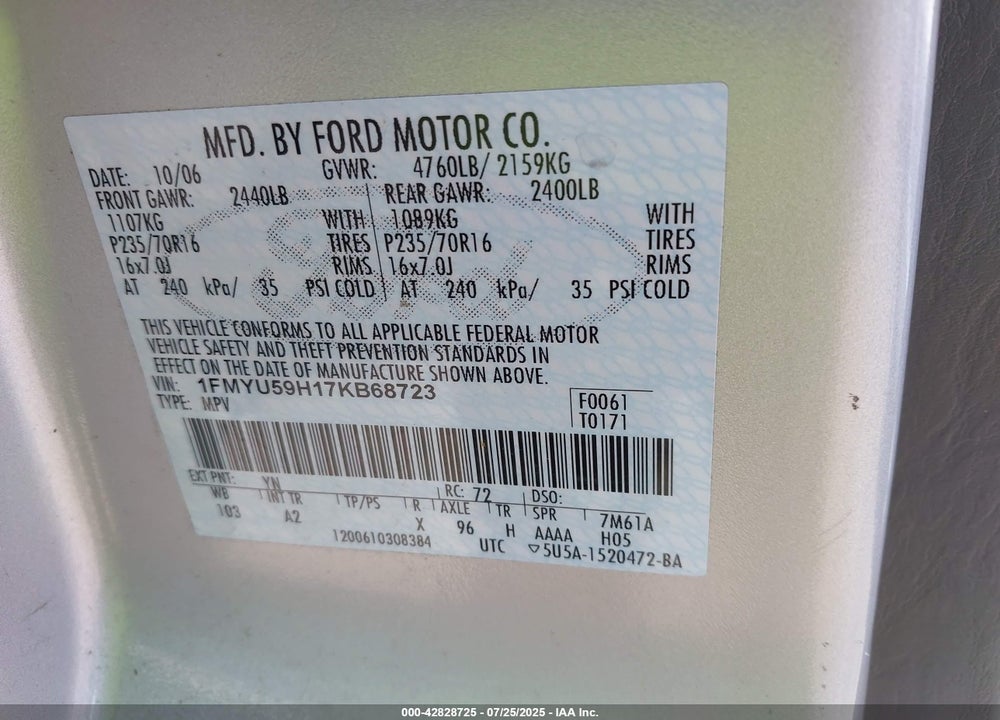 2007 FORD ESCAPE HYBRID VIN: 1FMYU59H17KB68723