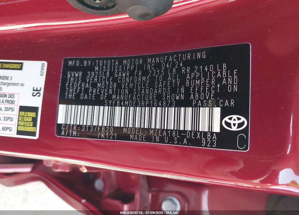 2024 TOYOTA COROLLA VIN: 5YFB4MDE3RP164873