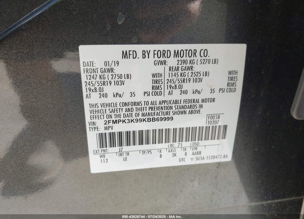2019 FORD EDGE TITANIUM VIN: 2FMPK3K99KBB69999