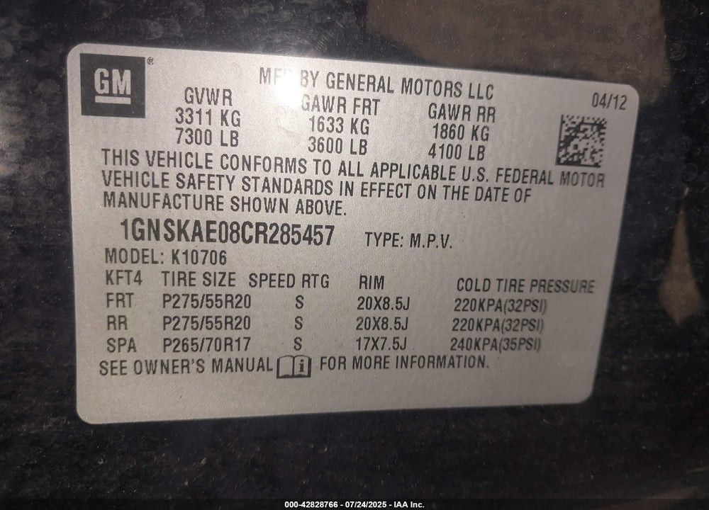 2012 CHEVROLET TAHOE VIN: 1GNSKAE08CR285457