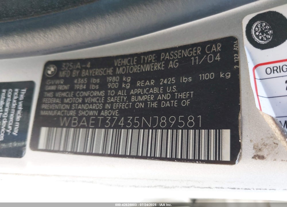 2005 BMW 325I VIN: WBAET37435NJ89581