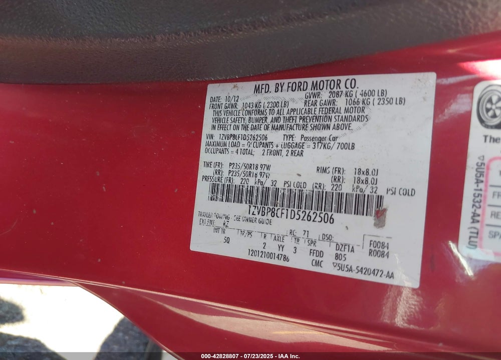 2013 FORD MUSTANG VIN: 1ZVBP8CF1D5262506