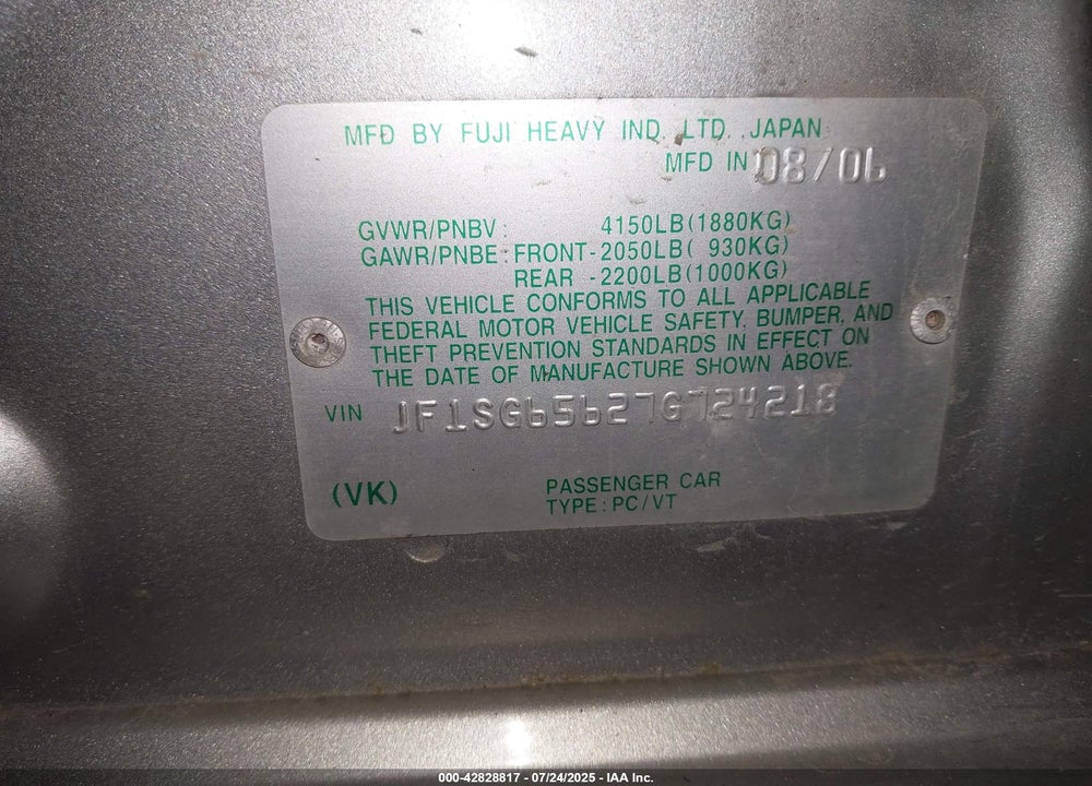 2007 SUBARU FORESTER VIN: JF1SG65627G724218
