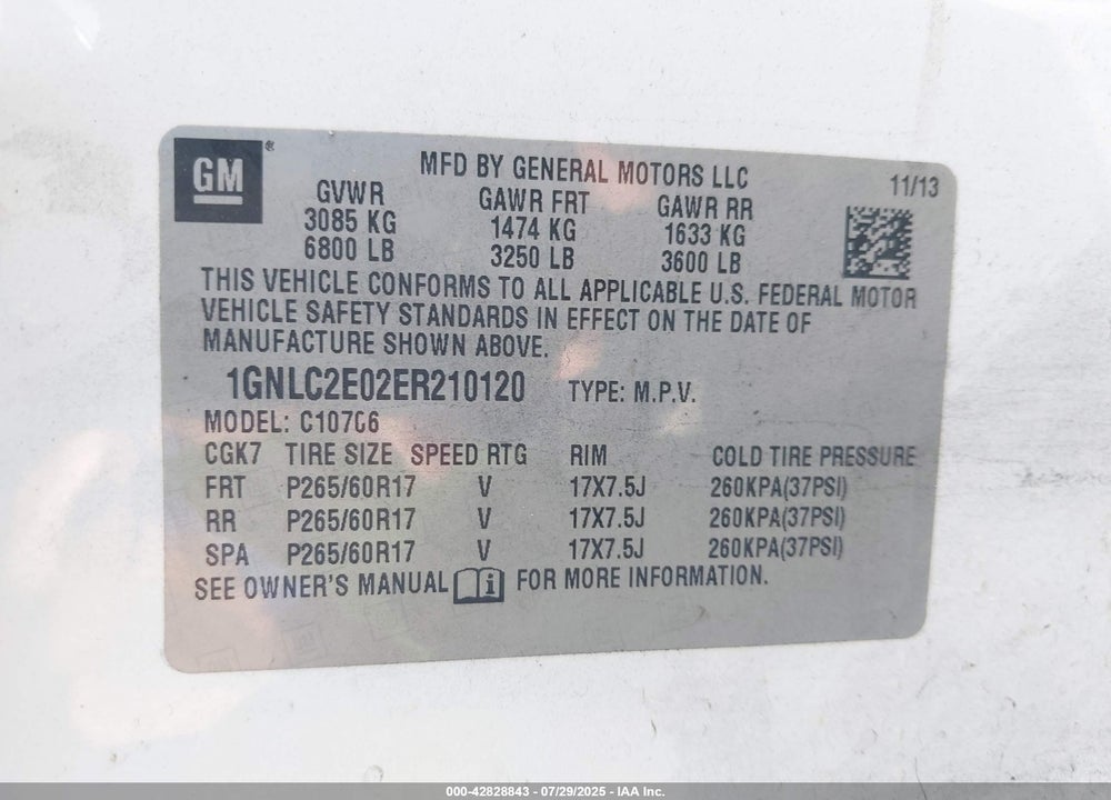 2014 CHEVROLET TAHOE VIN: 1GNLC2E02ER210120