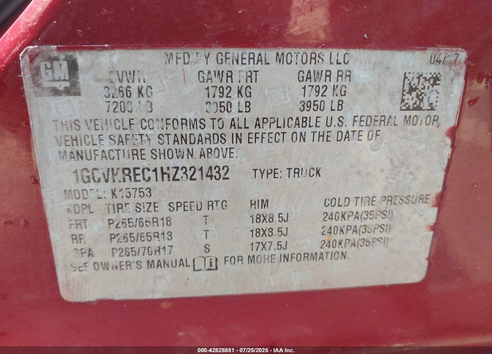 2017 CHEVROLET SILVERADO 1500 VIN: 1GCVKREC1HZ321432