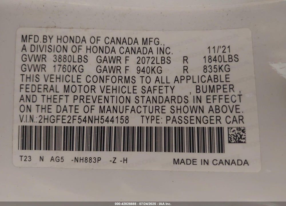 2022 HONDA CIVIC VIN: 2HGFE2F54NH544158