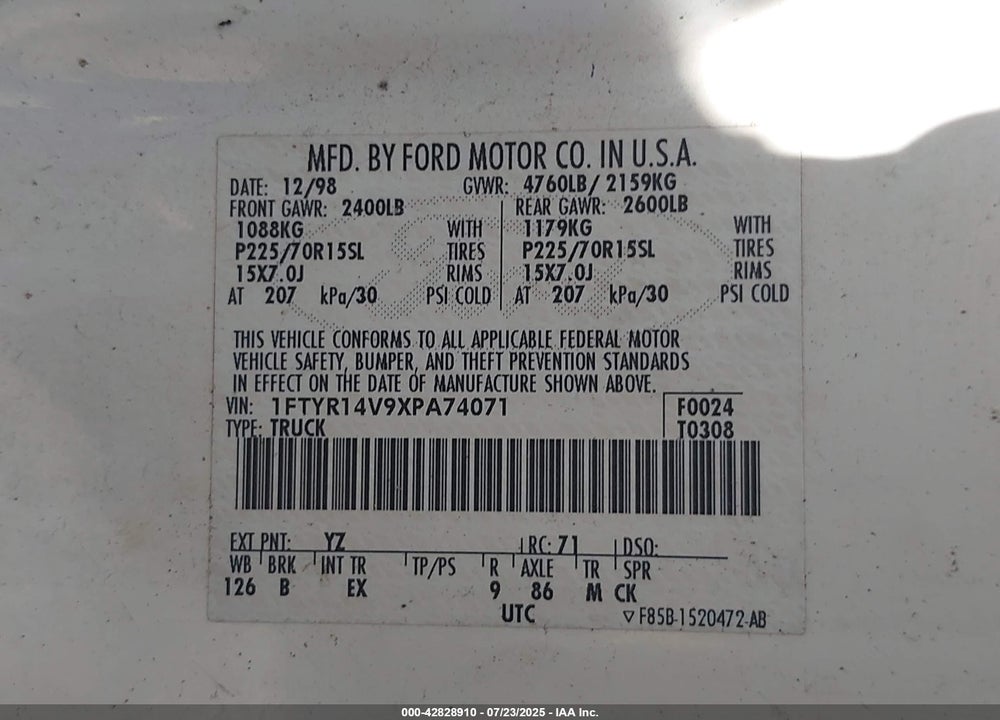 1999 FORD RANGER VIN: 1FTYR14V9XPA74071