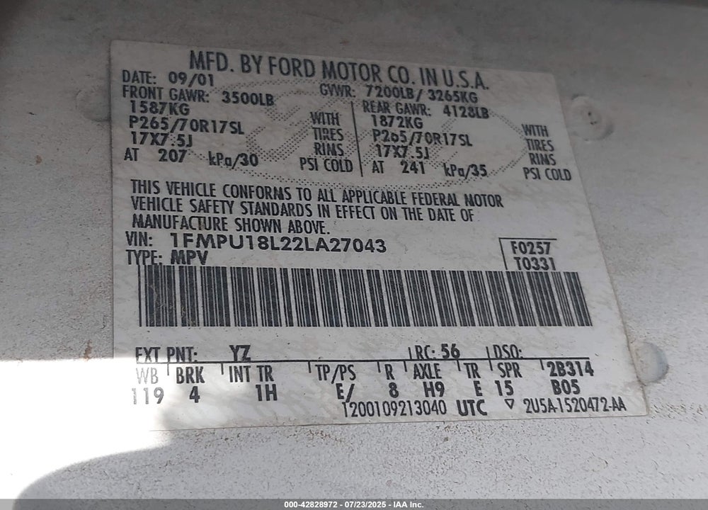 2002 FORD EXPEDITION VIN: 1FMPU18L22LA27043