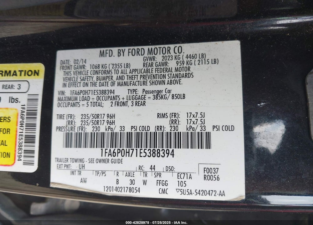 2014 FORD FUSION VIN: 1FA6P0H71E5388394