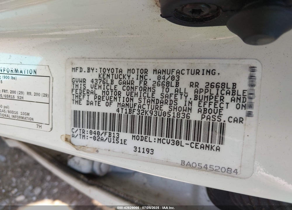 2003 TOYOTA CAMRY VIN: 4T1BF32K93U051836