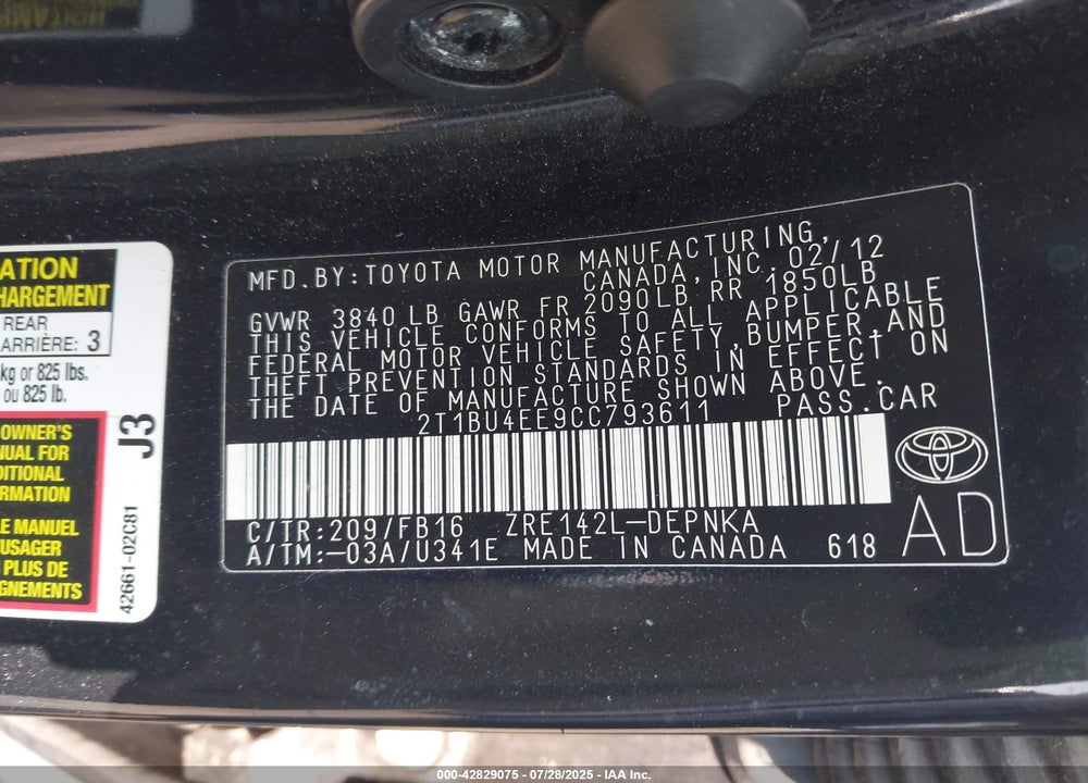 2012 TOYOTA COROLLA VIN: 2T1BU4EE9CC793611