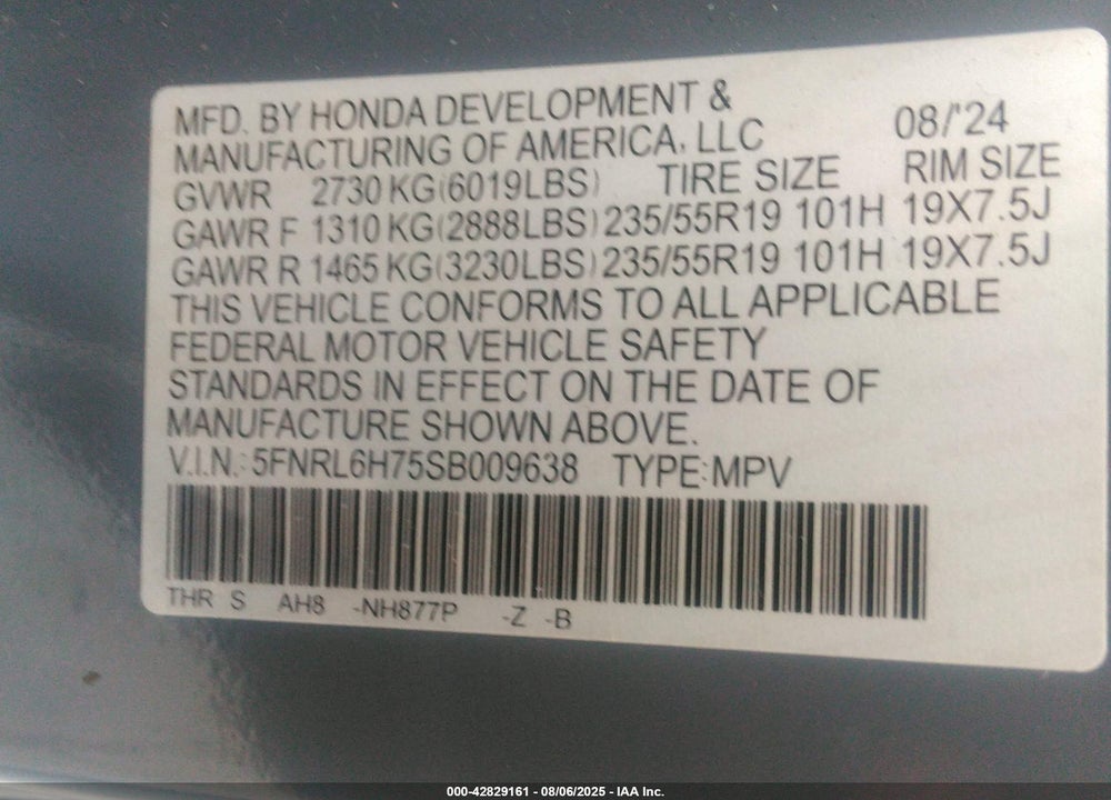 2025 HONDA ODYSSEY VIN: 5FNRL6H75SB009638