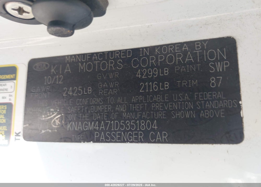 2013 KIA OPTIMA VIN: KNAGM4A71D5351804