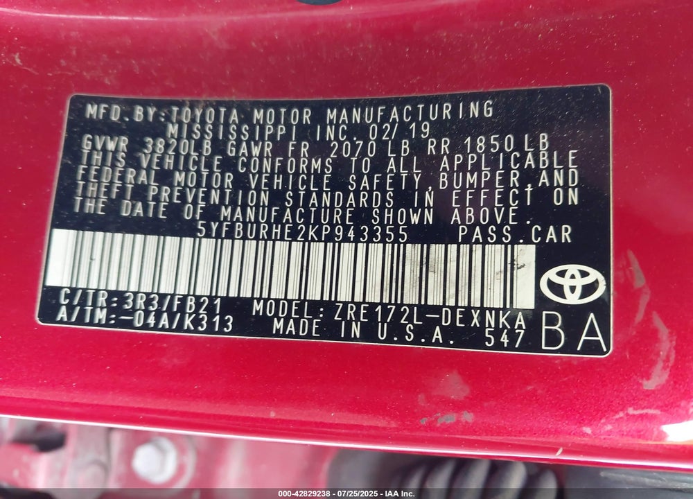 2019 TOYOTA COROLLA VIN: 5YFBURHE2KP943355