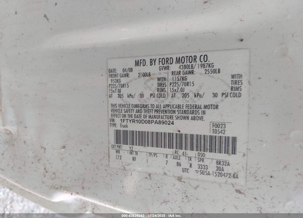 2008 FORD RANGER VIN: 1FTYR10D08PA89024