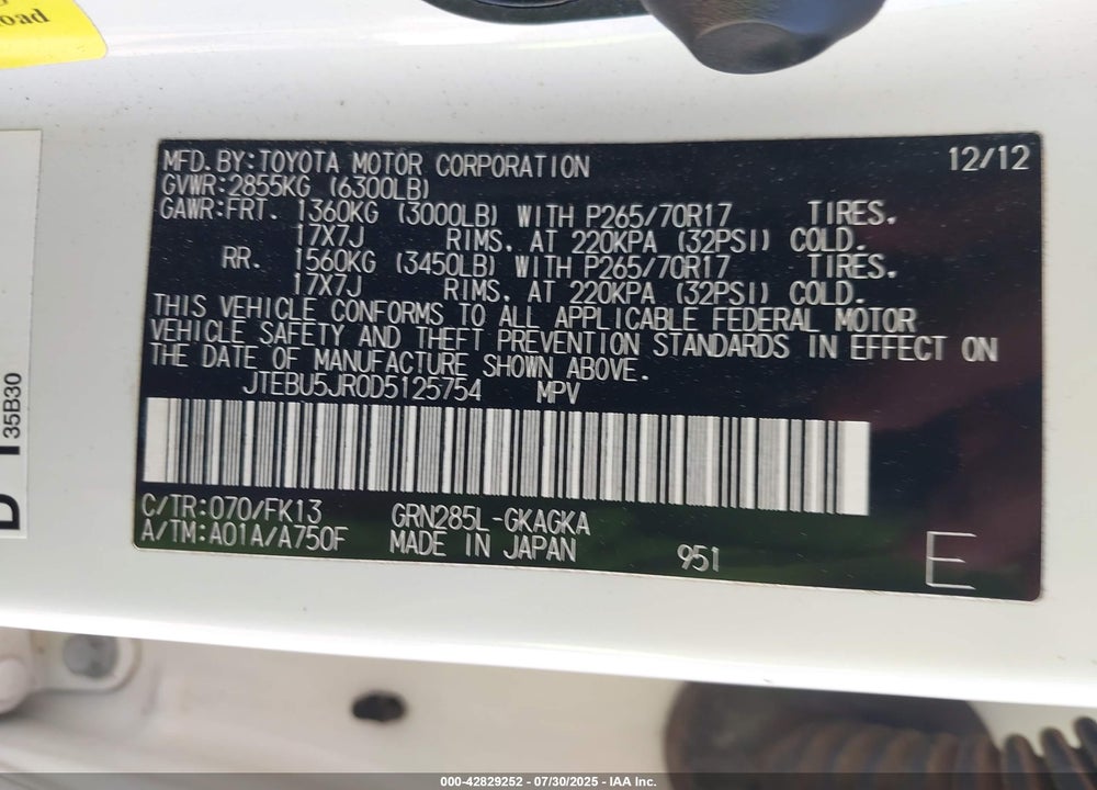 2013 TOYOTA 4RUNNER VIN: JTEBU5JR0D5125754