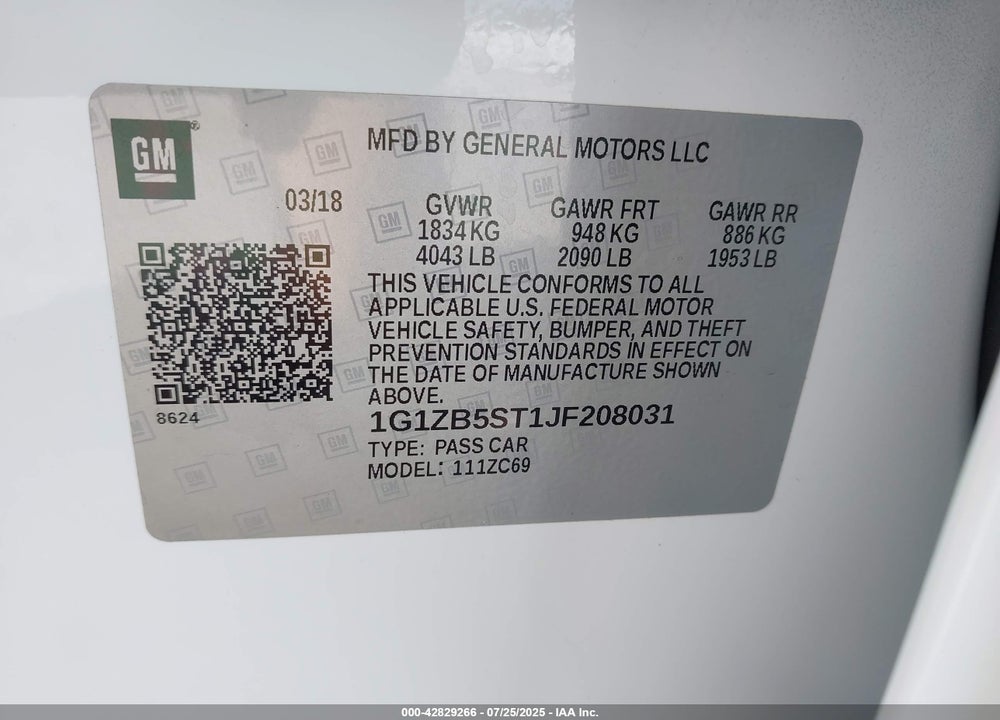 2018 CHEVROLET MALIBU VIN: 1G1ZB5ST1JF208031
