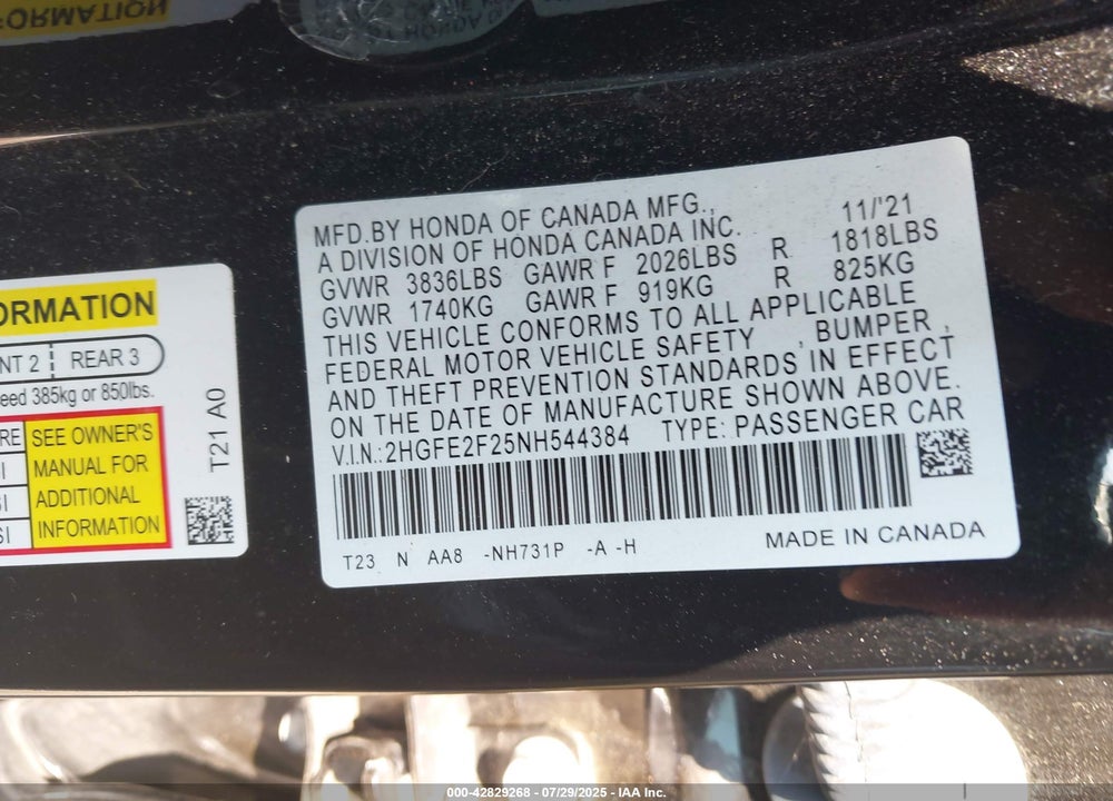 2022 HONDA CIVIC VIN: 2HGFE2F25NH544384
