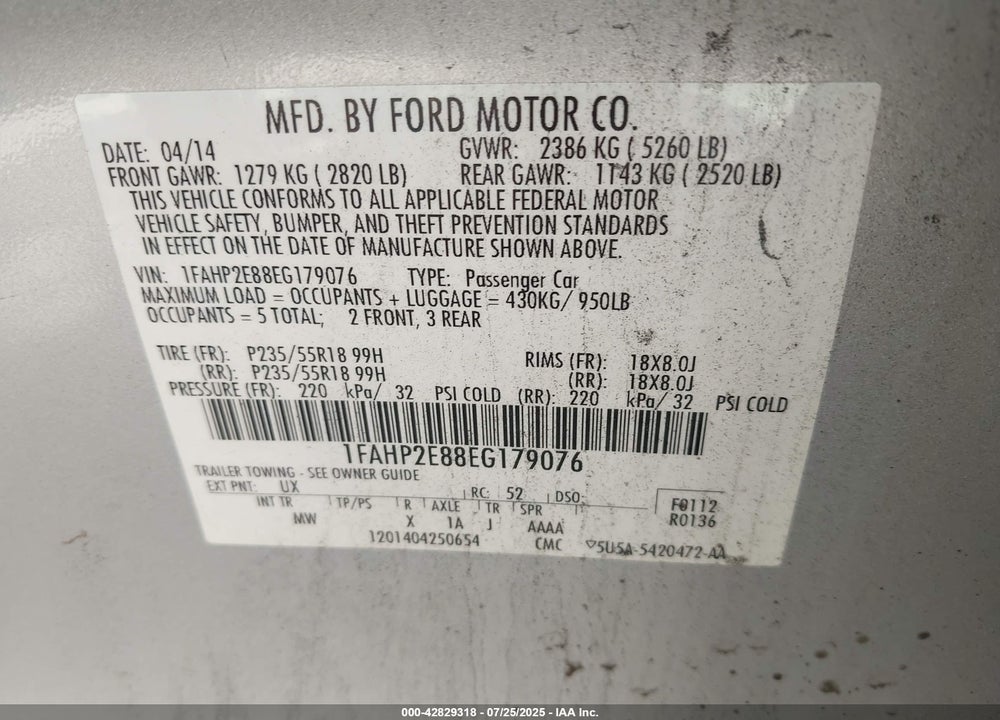 2014 FORD TAURUS SEL VIN: 1FAHP2E88EG179076