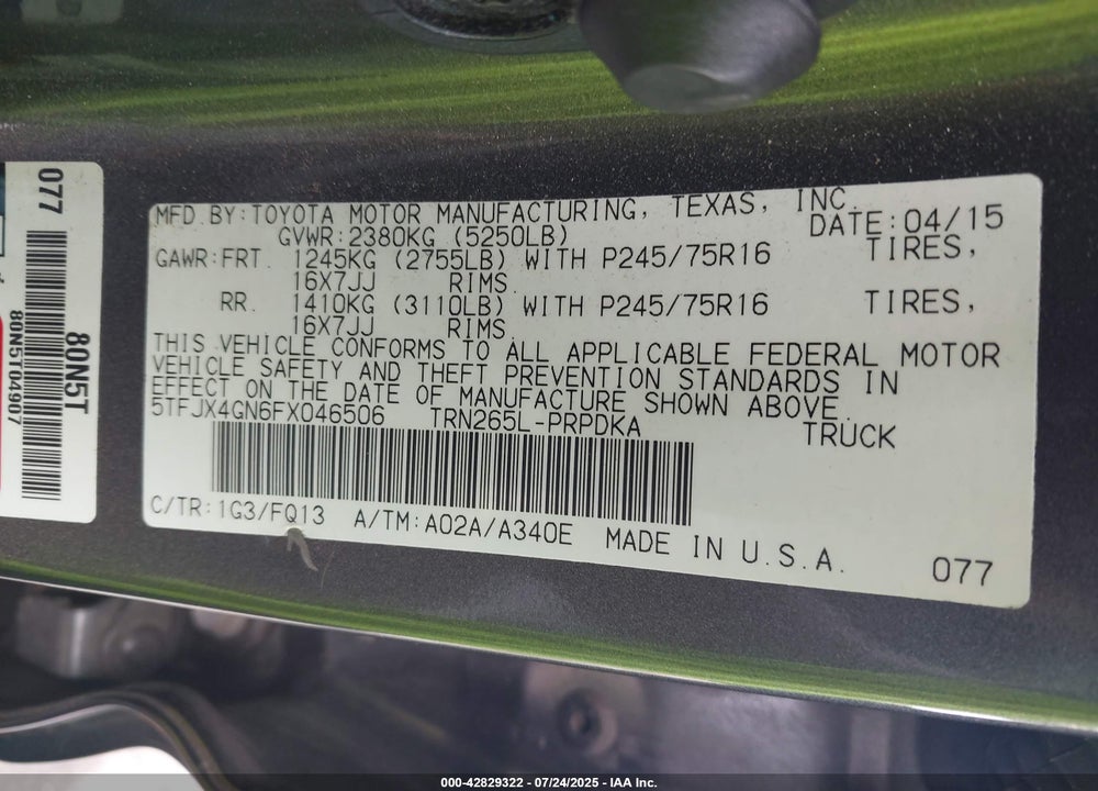 2015 TOYOTA TACOMA VIN: 5TFJX4GN6FX046506