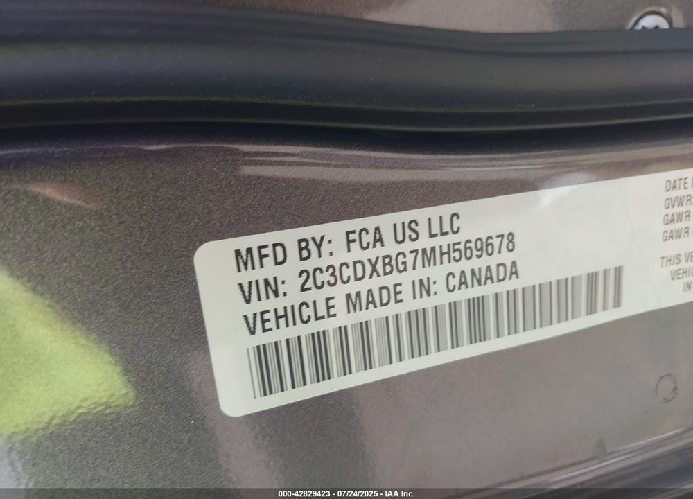 2021 DODGE CHARGER VIN: 2C3CDXBG7MH569678