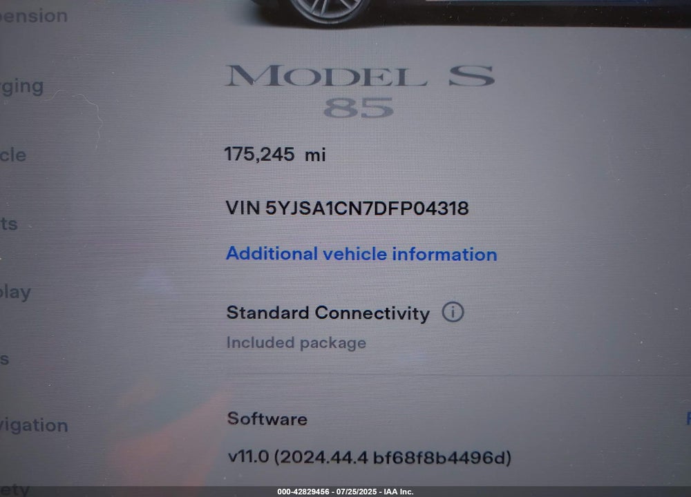 2013 TESLA MODEL S VIN: 5YJSA1CN7DFP04318