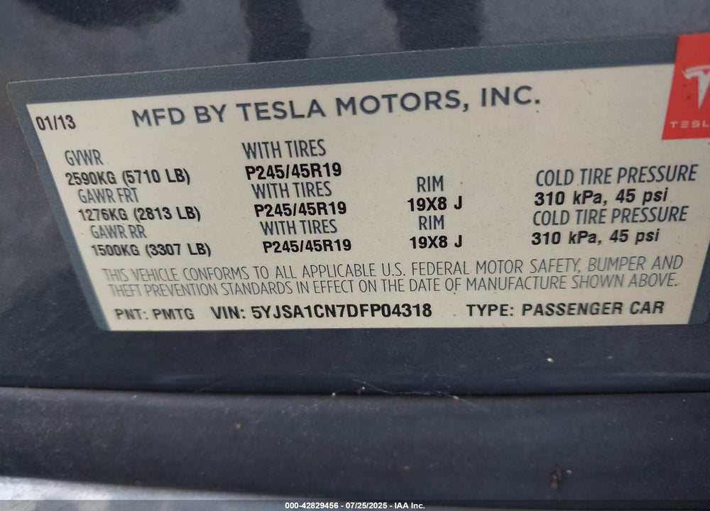 2013 TESLA MODEL S VIN: 5YJSA1CN7DFP04318