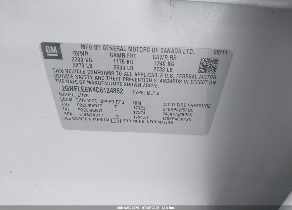 2012 CHEVROLET EQUINOX VIN: 2GNFLEEK4C6124882