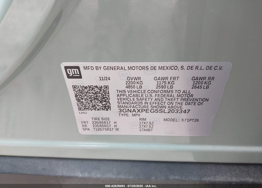 2025 CHEVROLET EQUINOX VIN: 3GNAXPEG5SL203347