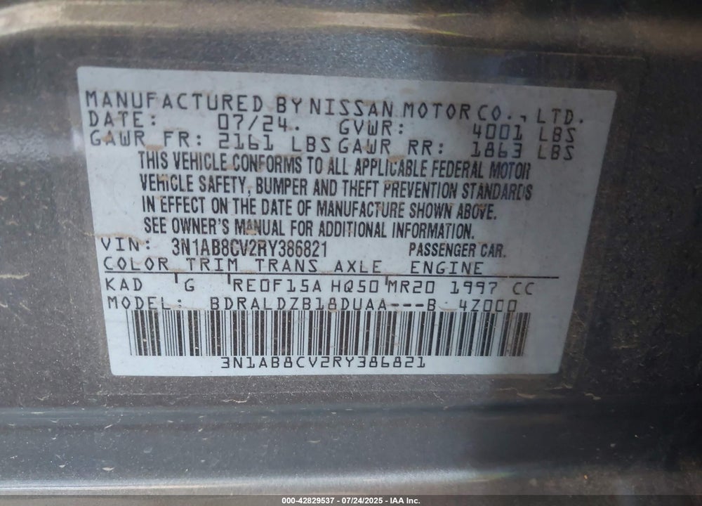 2024 NISSAN SENTRA VIN: 3N1AB8CV2RY386821