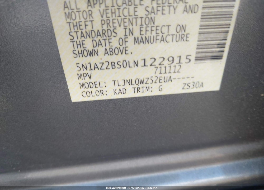 2020 NISSAN MURANO VIN: 5N1AZ2BS0LN122915
