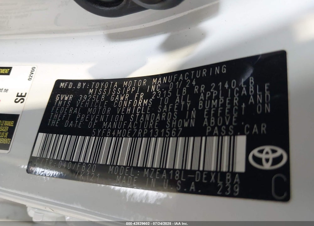 2024 TOYOTA COROLLA VIN: 5YFB4MDE7RP131567