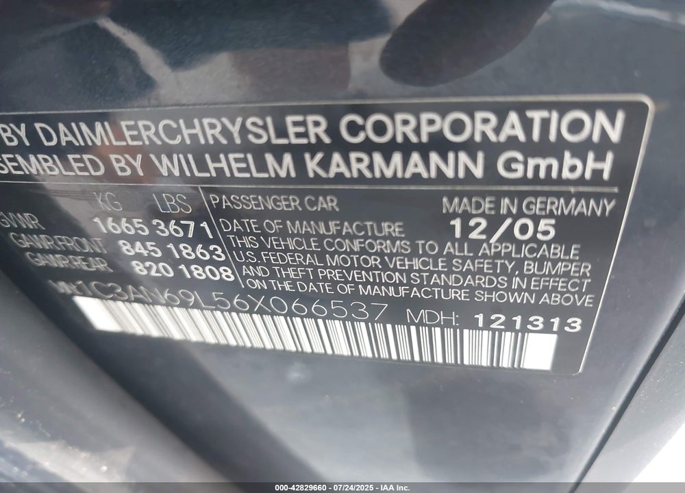 2006 CHRYSLER CROSSFIRE VIN: 1C3AN69L56X066537
