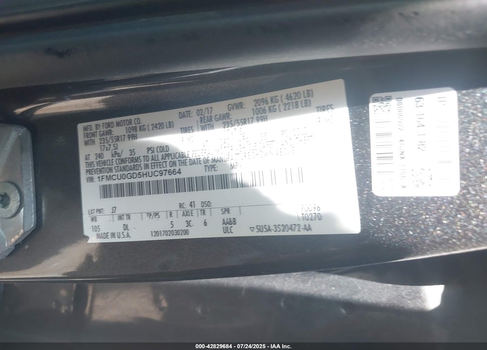 2017 FORD ESCAPE VIN: 1FMCU0GD5HUC97664