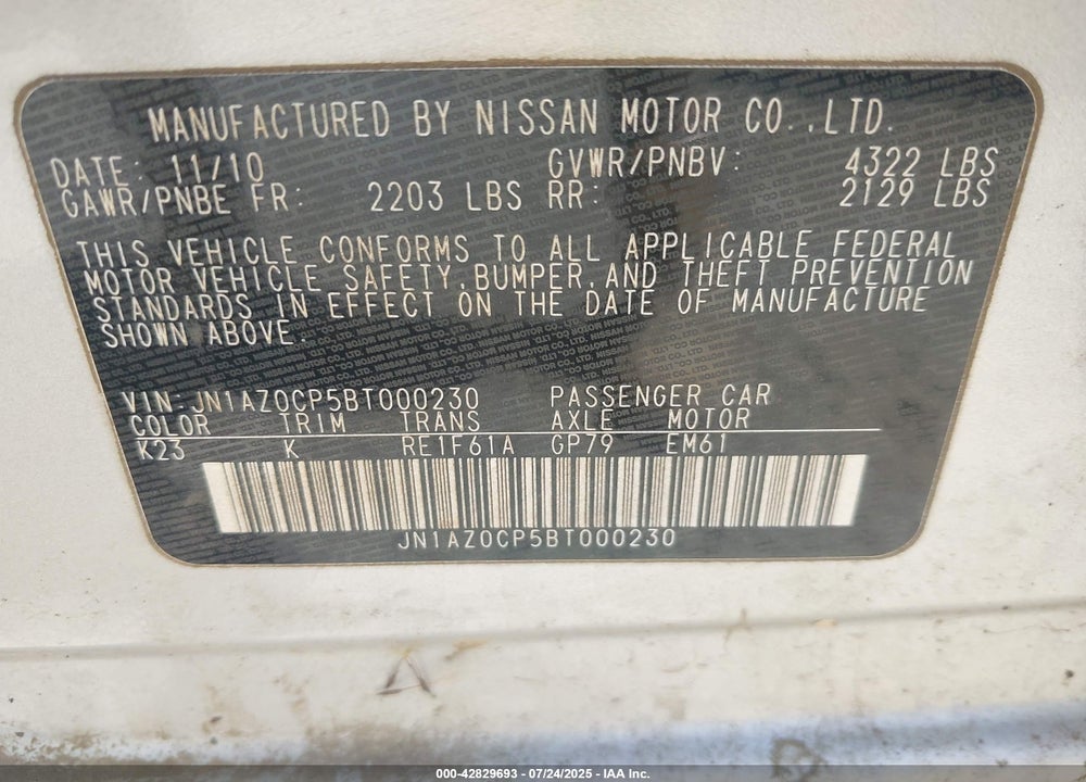 2011 NISSAN LEAF VIN: JN1AZ0CP5BT000230