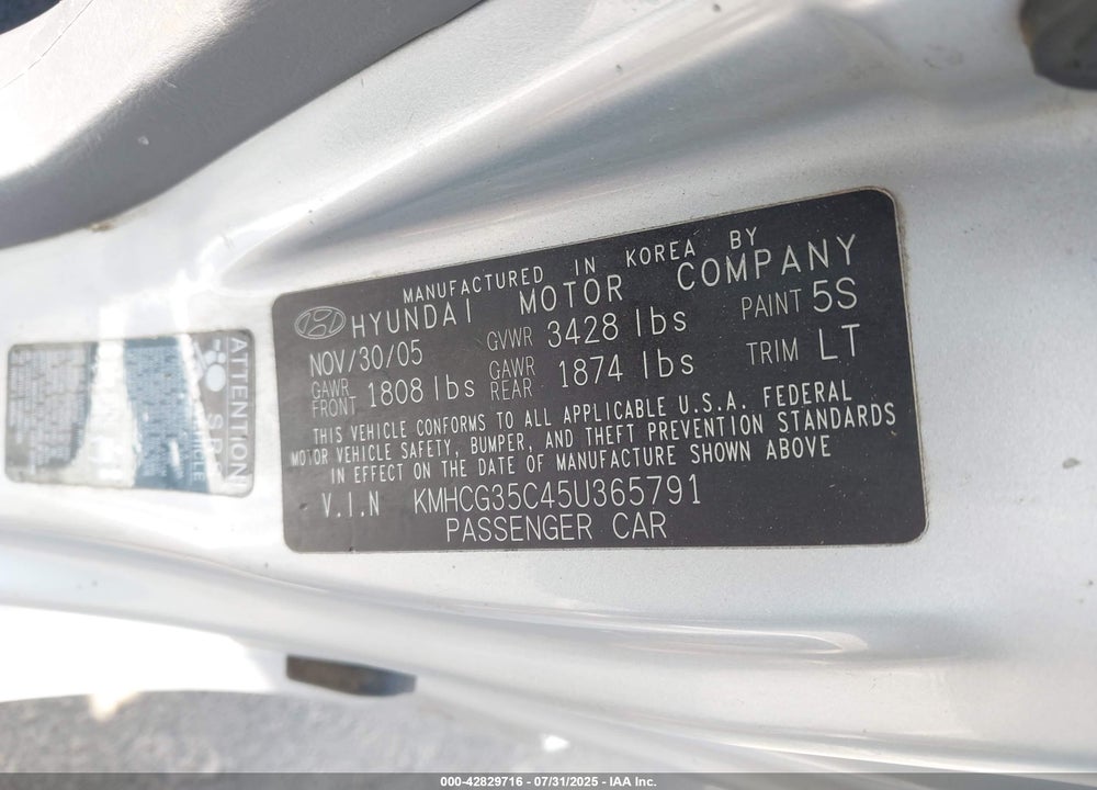 2005 HYUNDAI ACCENT GLS/GT VIN: KMHCG35C45U365791