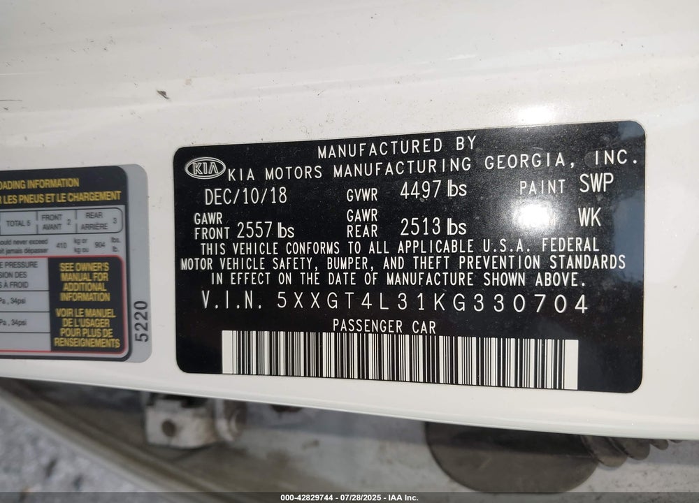 2019 KIA OPTIMA VIN: 5XXGT4L31KG330704