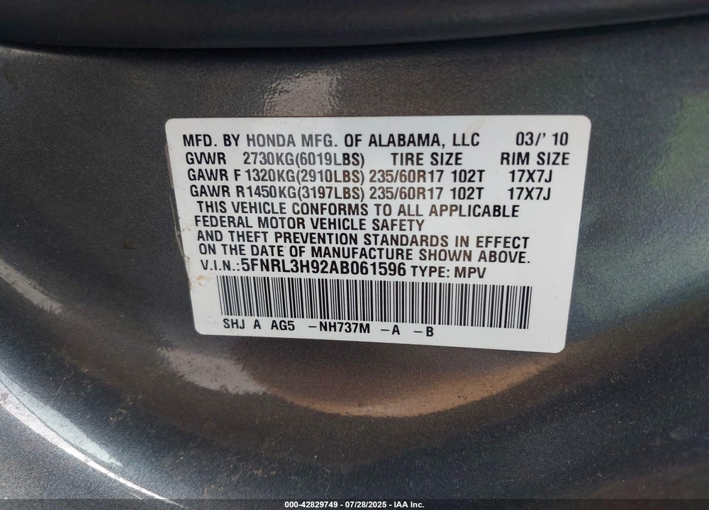 2010 HONDA ODYSSEY VIN: 5FNRL3H92AB061596