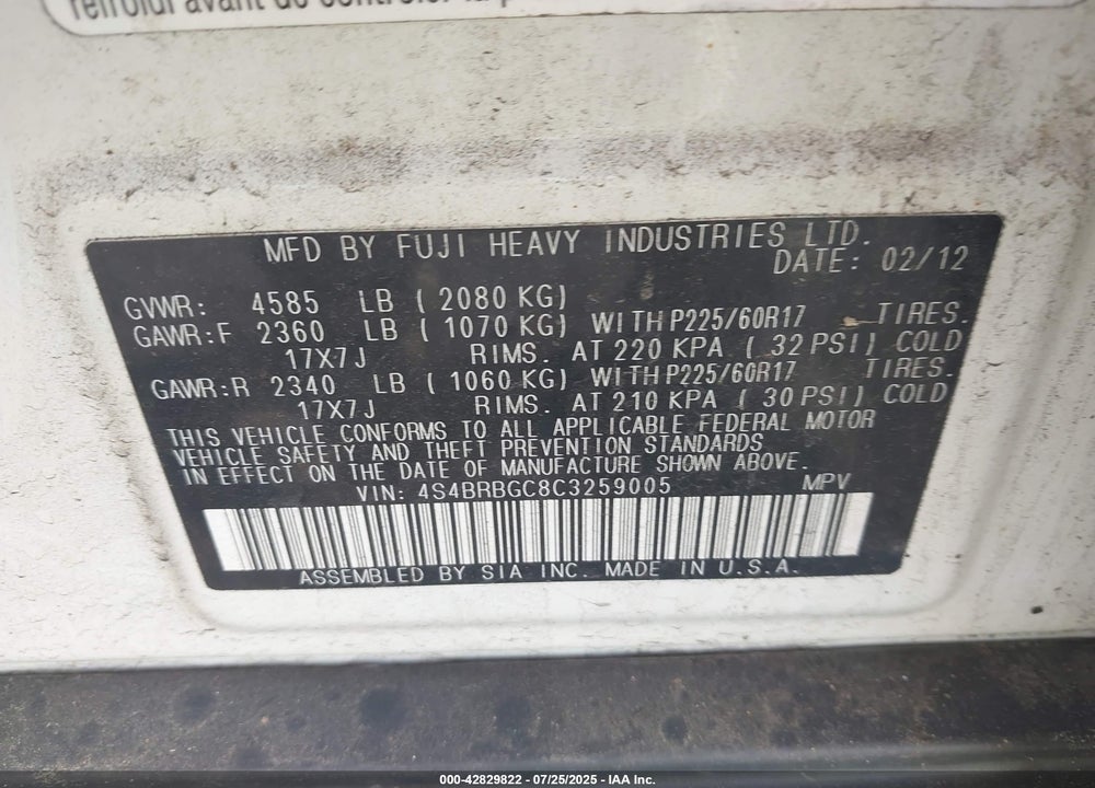 2012 SUBARU OUTBACK VIN: 4S4BRBGC8C3259005