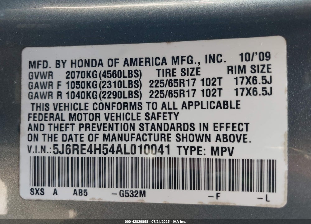 2010 HONDA CR-V VIN: 5J6RE4H54AL010041