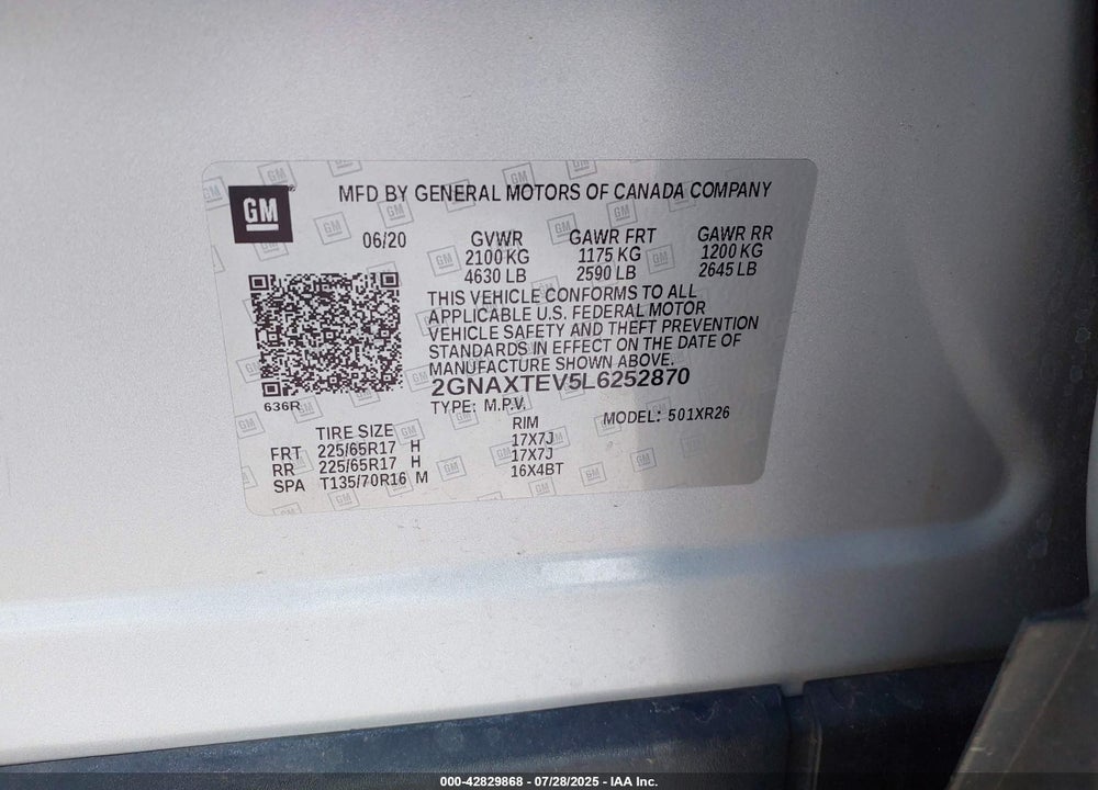 2020 CHEVROLET EQUINOX VIN: 2GNAXTEV5L6252870