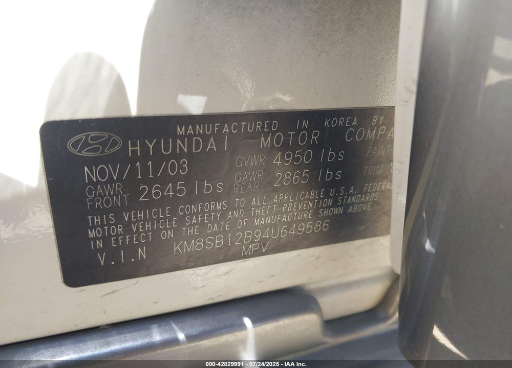 2004 HYUNDAI SANTA FE VIN: KM8SB12B94U649586
