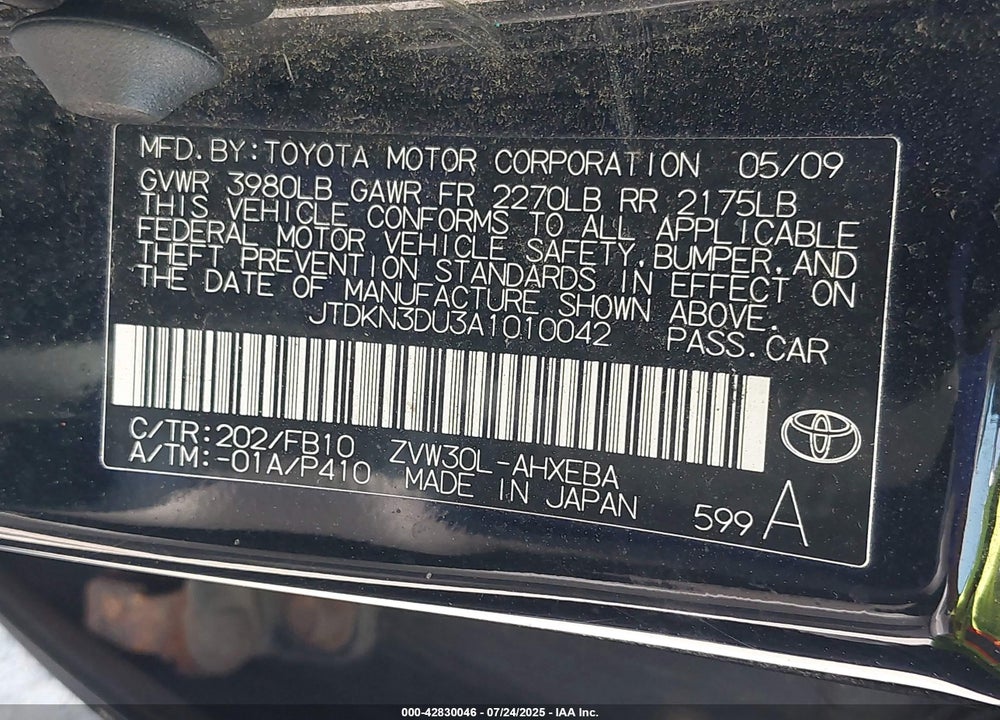 2010 TOYOTA PRIUS VIN: JTDKN3DU3A1010042