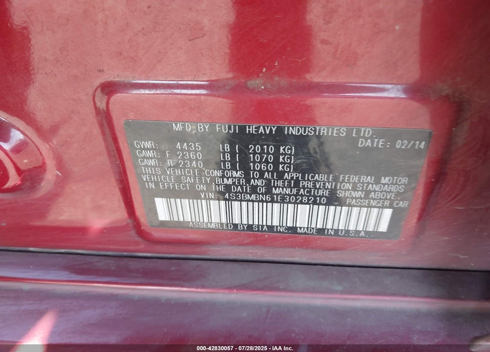2014 SUBARU LEGACY VIN: 4S3BMBN61E3028210
