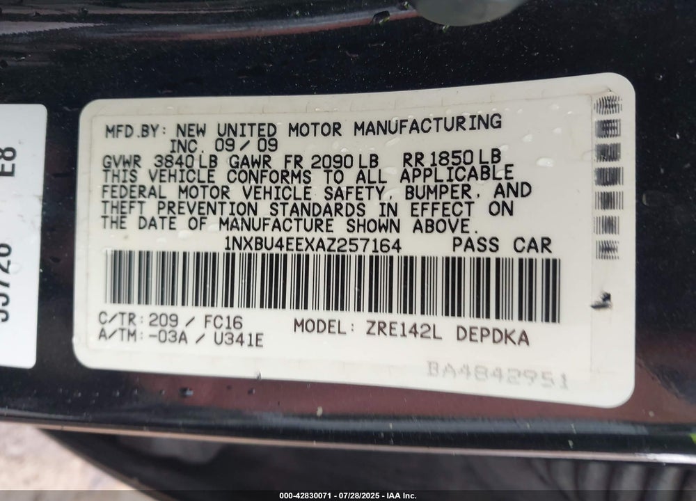 2010 TOYOTA COROLLA VIN: 1NXBU4EEXAZ257164